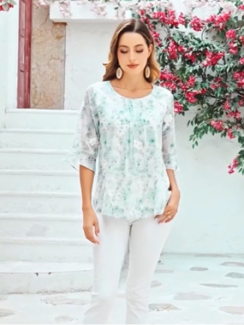 VALOLIA Womens 3/4 Sleeve Blouses Tops Dressy Casual Chiffon Pleated Embroidery